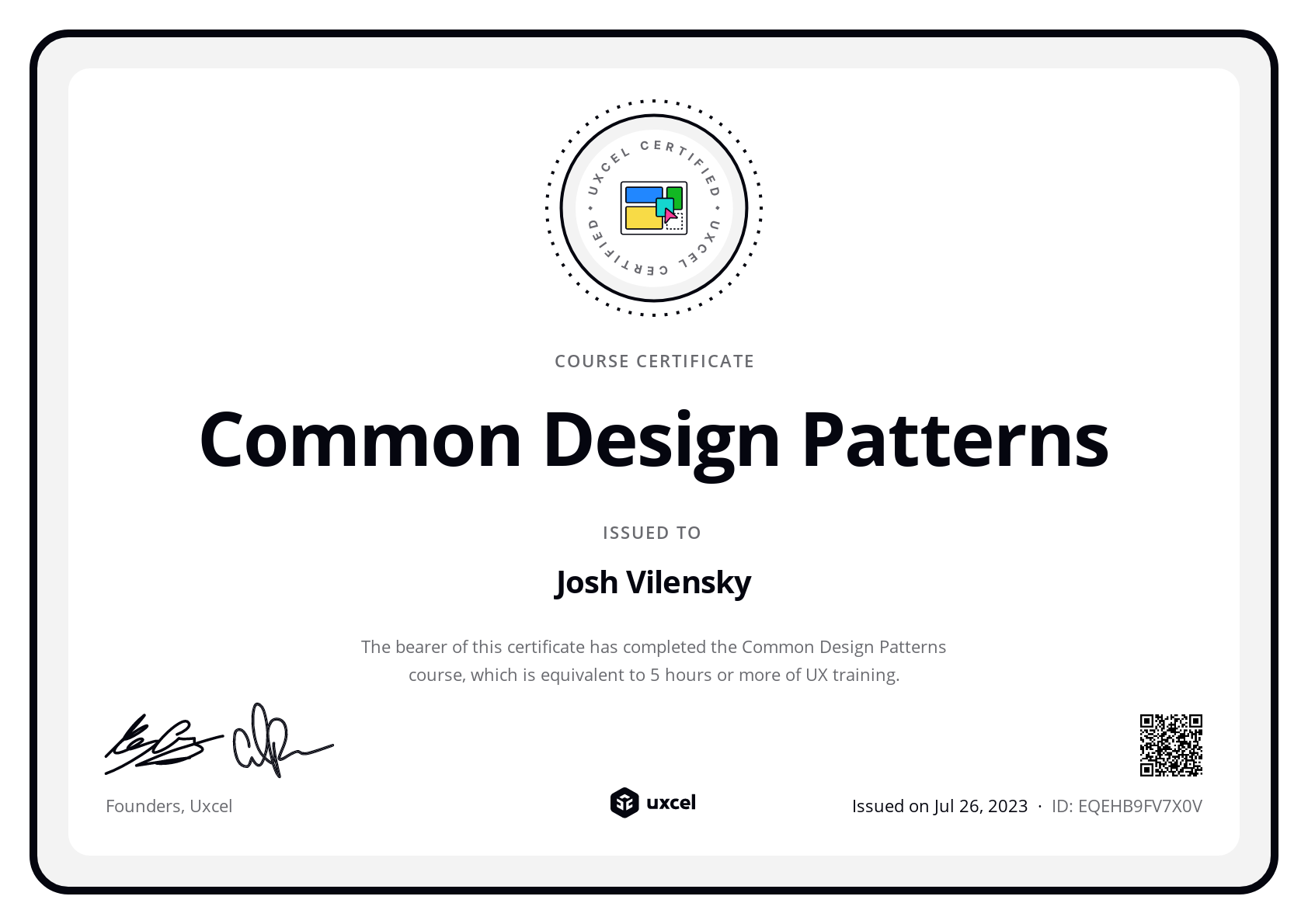 Josh Vilensky's certificate